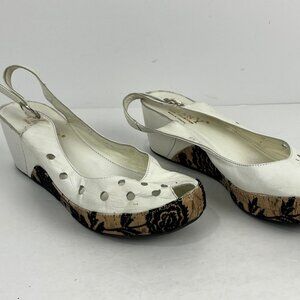 Phany Wedge Sandals Size 8 EU 39 White Leather Beige Round Open Toe Heel 2.5in
